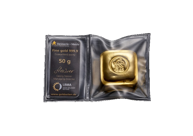 Goldbarren 50 g. gegossen H+M – Bild 2