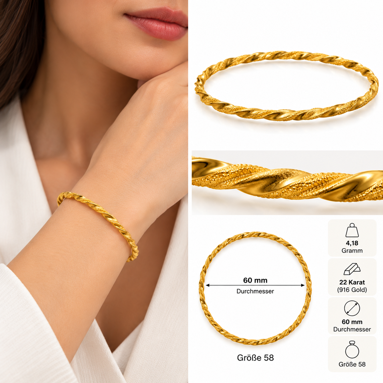 22 Karat Gold Armreif 4,18 Gramm – Gedrehtes Design – 60 mm – Größe 58 – Bild 2
